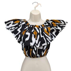 Francis Benedict Crop Top Womens Black Gold African Flutter Sleeve Pullover OS